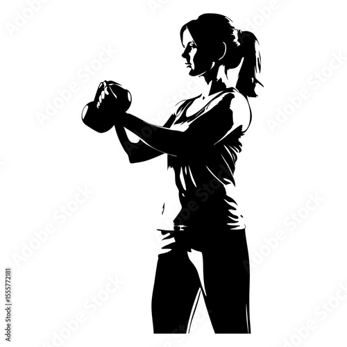 Silhouette of a strong woman lifting weights during a fitness workout