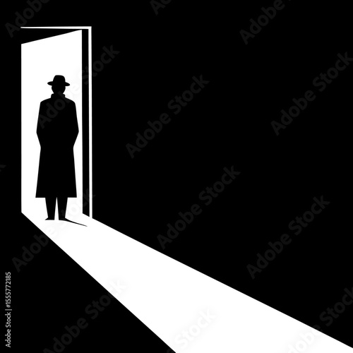 Mysterious man in a long coat and hat stands in a doorway, light shining from behind him