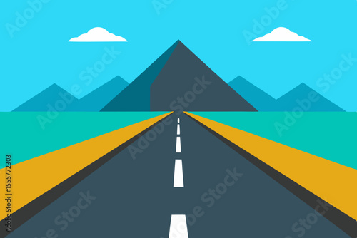 A flat design vector of a highway leading towards a distant city skyline during daytime