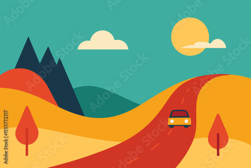 A minimalist vector illustration of a road trip through a scenic and peaceful landscape