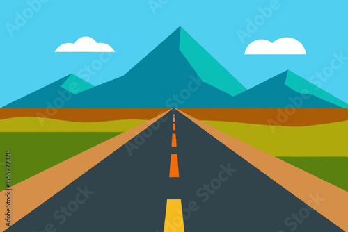 A one point perspective view of a straight country road heading towards distant mountains