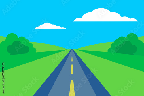 A panoramic anime style view of a long road alongside a lush green field on a bright day