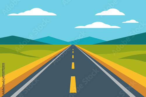 An empty two lane highway cutting through a serene rural landscape with green farm fields