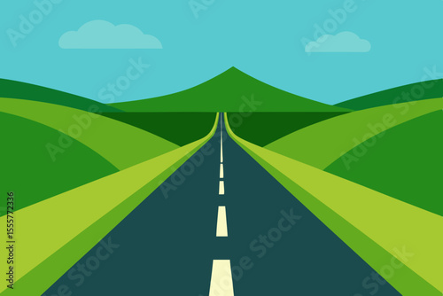 A long straight road stretching to the horizon through some flat green colored pasture land