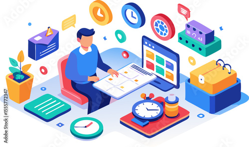 Colourful flat infographic of time management: an office desk with a calendar, clock and checklist icons, a person planning on a tablet (isometric, 16:9) with white background.