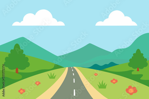 A tranquil outdoor scene showing an empty road next to a vast and beautiful green field
