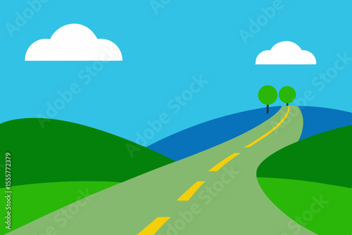 A side view of a paved road with a green lawn and rolling hills in the far background