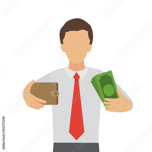 A man with money banknotes and wallet in his hand. Having an income concept. Cartoon Vector Illustration.    
