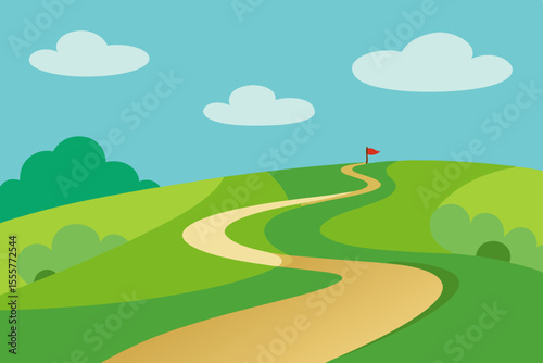 A long winding trail in a lush green field under a partly cloudy sky during the daytime