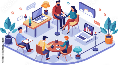 Isometric illustration of a co-working café: entrepreneurs at tables with laptops and coffee, connecting online for a video conference (flat design, 16:9) with white background.