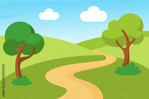 A cartoon park scene with a winding dirt path that goes through some green grassy areas