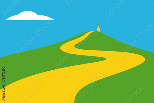 A yellow pathway curving over a lush green hill against a perfectly clear blue summer sky