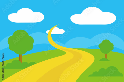 A cheerful cartoon landscape illustration showing a yellow road winding through lush green grass