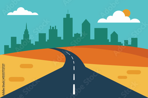 A vector landscape of a road trip destination with a highway leading to a distant city
