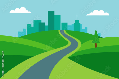 A wide panoramic view of a highway green rolling hills and a modern city in distance