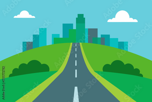 A road trip concept with an empty highway passing through scenic green country hills