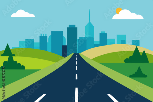 A clean and modern vector landscape showing a highway and a small town in the distance