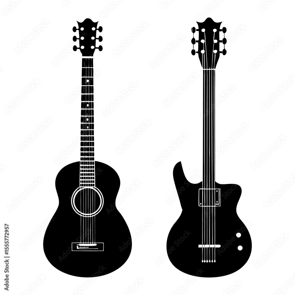 Obraz premium Silhouette illustration showcasing an acoustic guitar and an electric guitar side by side
