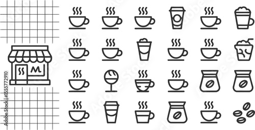 Assorted coffee icons including cups beans and shop on a light background