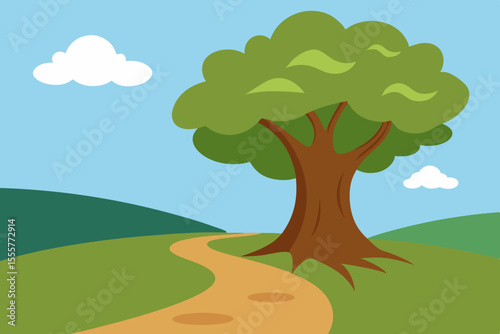 A cartoon scene with a very thick old tree on the right side of a walking footpath
