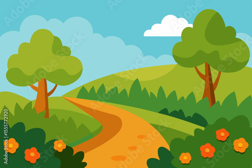 A wide cartoon landscape with a long dirt trail and very lush green grass all around