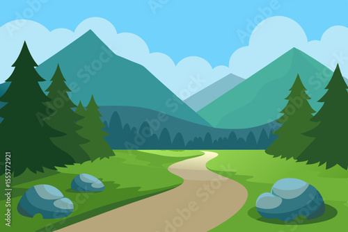 A two dimensional animated background of a scenic forest path with very dense foliage