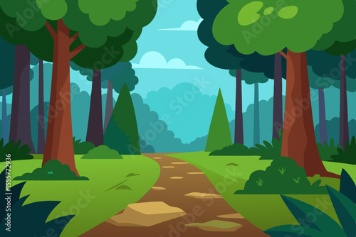 Concept art for a two dimensional animated movie depicts a lush forest path environment