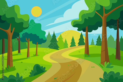 A beautiful sunlit cartoon forest environment with a winding dirt road leading onward