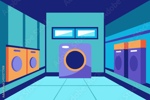 A clean and empty laundromat interior at night with rows of washing machines and dryers