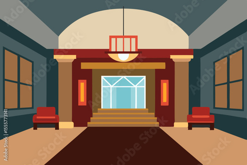 The vacant and opulent grand lobby of a luxury hotel with marble floors and a concierge desk