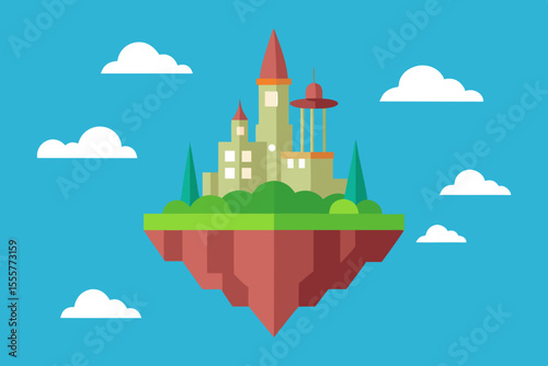 An uninhabited magical fantasy city floating among the clouds in a bright blue sky