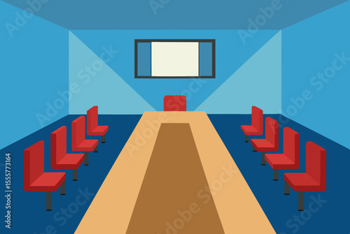 A vacant modern conference room with a large table comfortable chairs and a big screen