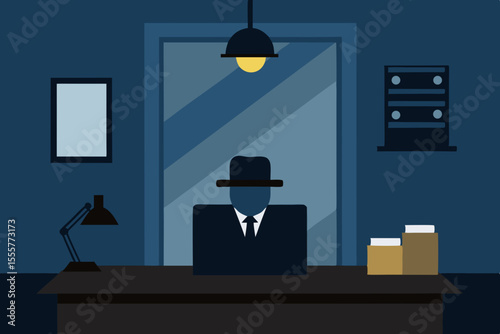 A dark and empty noir detective office with light streaming through the window blinds