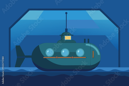 The cramped and vacant interior of a submarine with complex controls pipes and a periscope