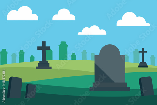 A quiet and empty cemetery on a bright sunny day with green grass and headstones