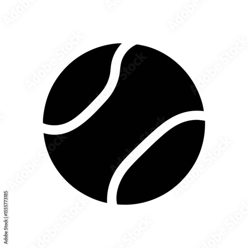 A minimalistic black and white illustration of a tennis ball with curved white lines detail