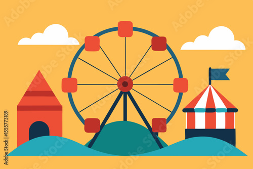 An eerie abandoned carnival at dusk with a rusty old ferris wheel against the sky