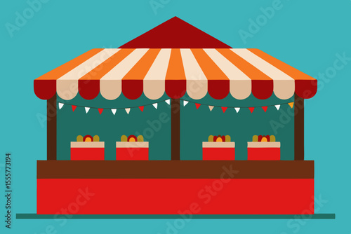 Rows of empty wooden Christmas market stalls decorated with festive lights and garlands