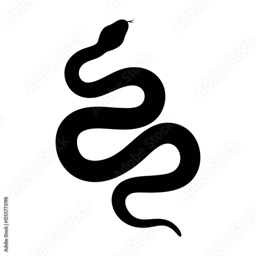 A minimalistic black silhouette of a snake coiled against a stark white background design
