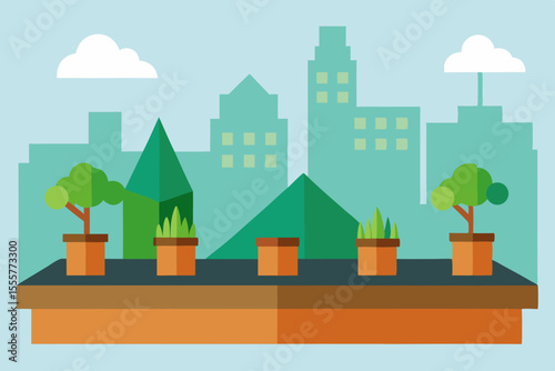 A vacant city rooftop garden with potted plants wooden decking and a view of buildings