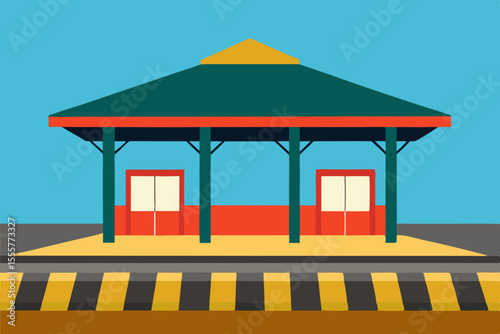 A vacant train station platform with tracks and benches under a covered roof waiting area