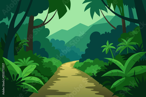 A narrow path winds through a dense humid jungle with lush foliage but no wildlife