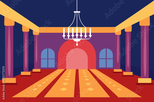 A vacant and elegant grand ballroom interior featuring large crystal chandeliers