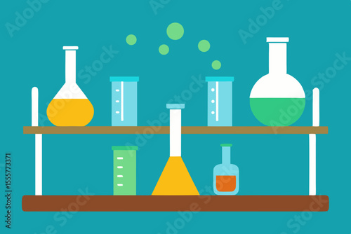 A clean empty science laboratory with beakers test tubes and other research equipment