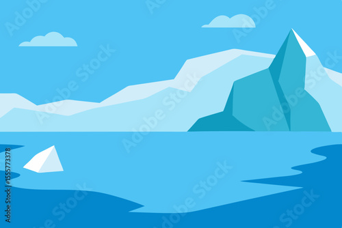 A vast and frozen arctic landscape dominated by large icebergs with no visible animals
