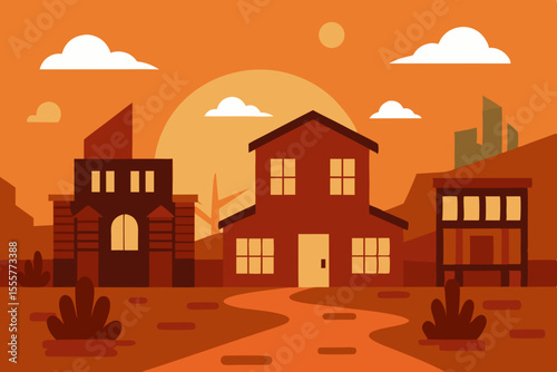 An abandoned wild west frontier town with dusty streets and weathered wooden buildings