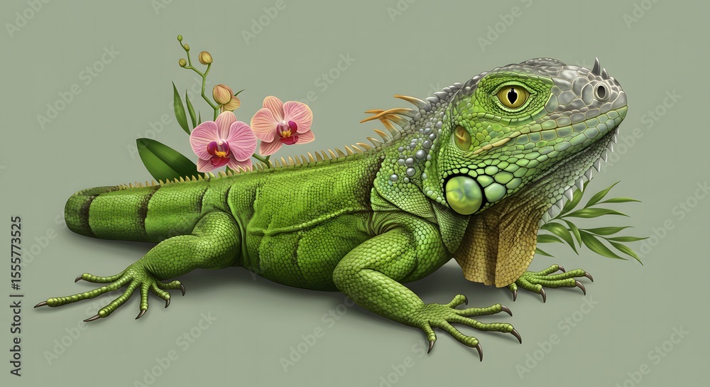 Fototapeta premium Green Iguana with Pink Orchids