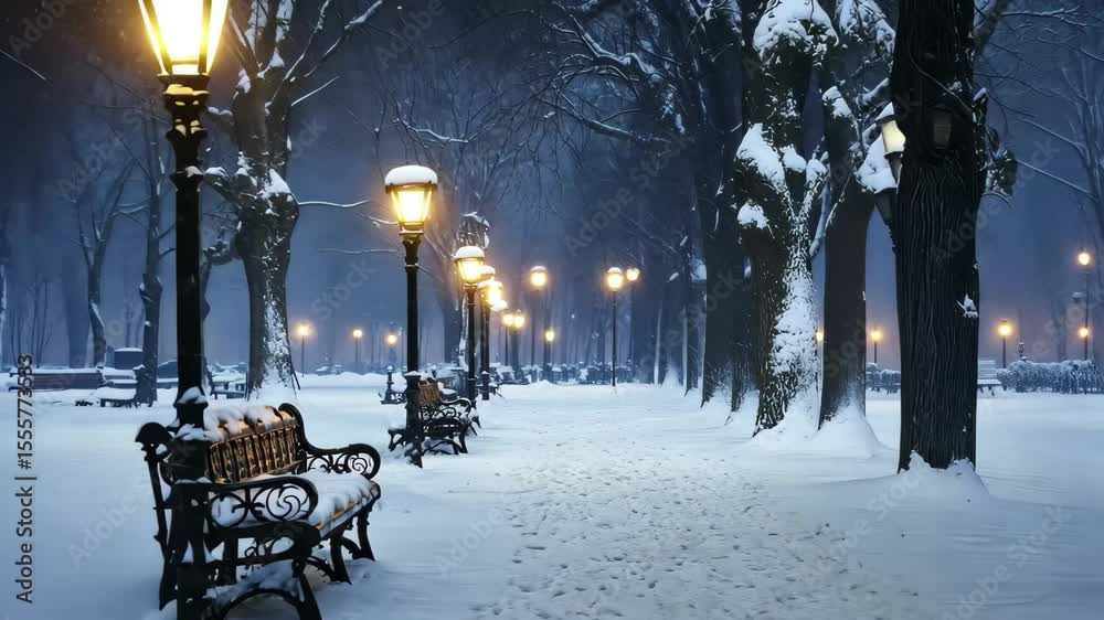 Snowy park at dusk with glowing lamp posts illuminating benches in a tranquil winter evening, Snowy park at dusk with illuminated lamp posts and benches covered in snow Winter concept