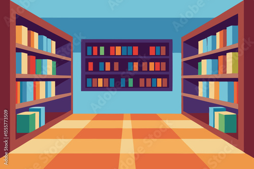 An empty library interior with tall wooden bookshelves filled with numerous books