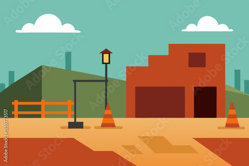 A vacant construction site with scaffolding cranes and an unfinished building no workers